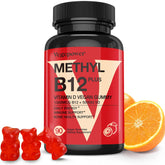 Front bottle of Vegan Vitamin D3 + B12 Gummies in orange flavor
