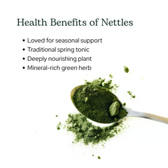 Vegan, whole herb nettle leaf powder packaging with scoop.