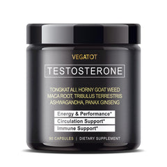 VEGATOT 8-In-1 Testo Support bottle closeup demonstrates energy-boosting herbal blend.