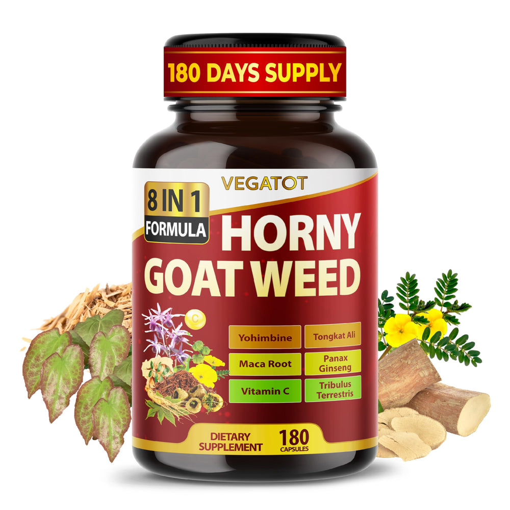 Front view of Vegatot Horny Goat Weed 600 mg 8-in-1 180-caps bottle