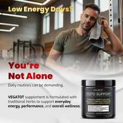 VEGATOT 8-In-1 Testo Support ingredients blend highlights Tongkat Ali and ginseng for stamina.