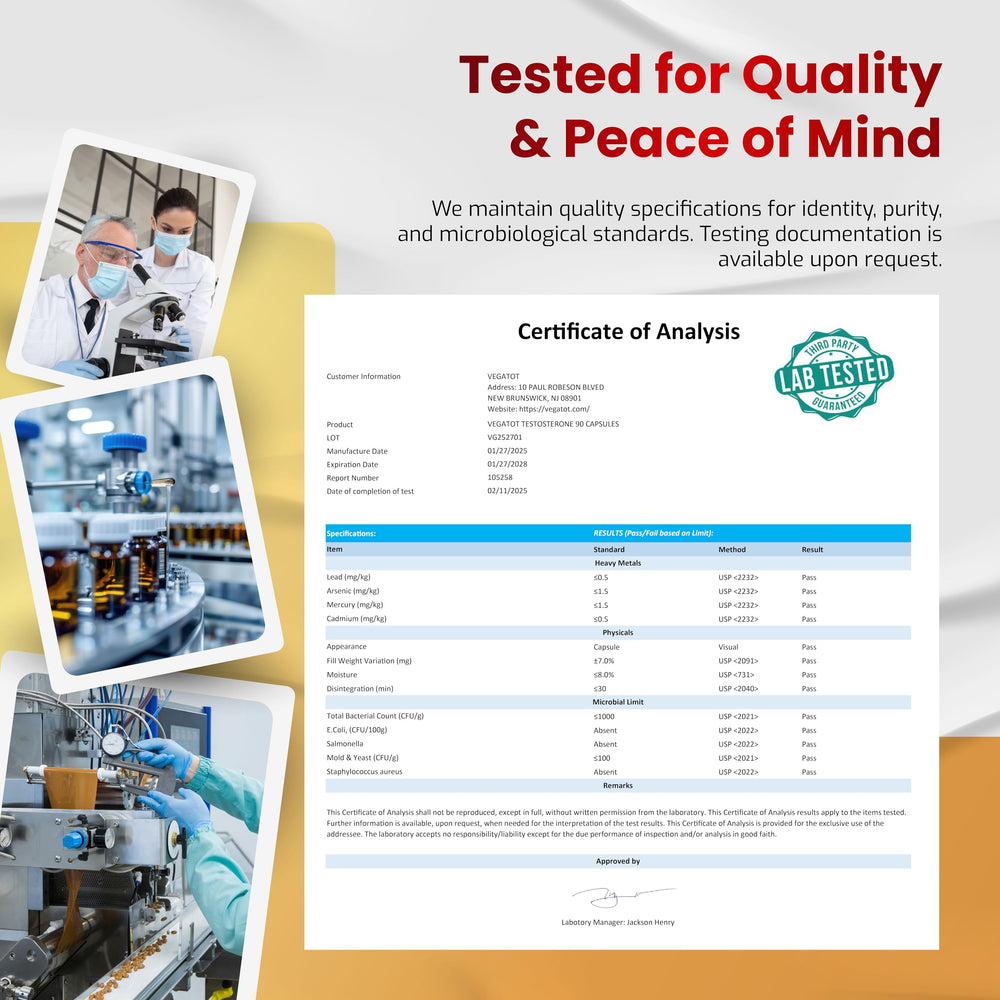 VEGATOT Testo Support capsules displayed with fitness gear for gym-ready routine.