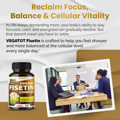 Infographic showing the seven ingredients included in VEGATOT Fisetin Complex