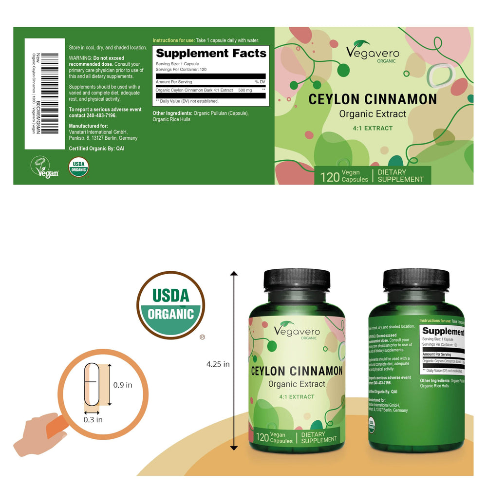 Close-up of Vegavero Cinnamon capsules and label