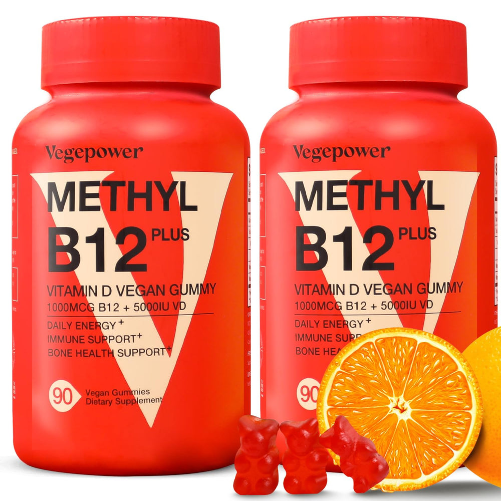 VEGEPOWER vegan B12 1000mcg + D3 gummies orange flavor bottle label