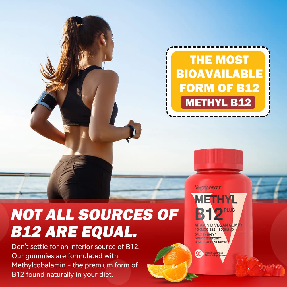 Orange-flavored chewable B12 with D3 gummies on white background