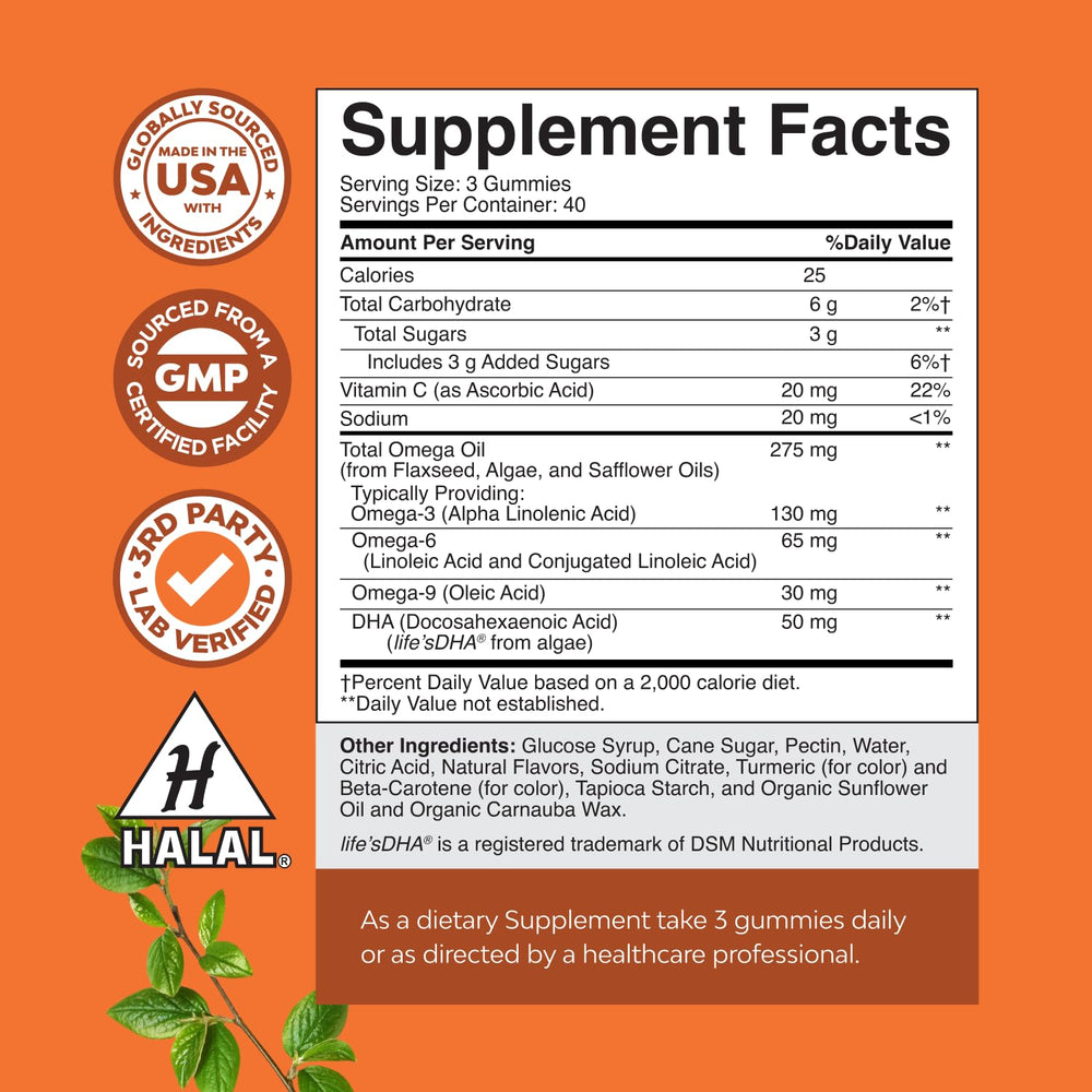 Close-up of orange plant-based omega-3 gummies