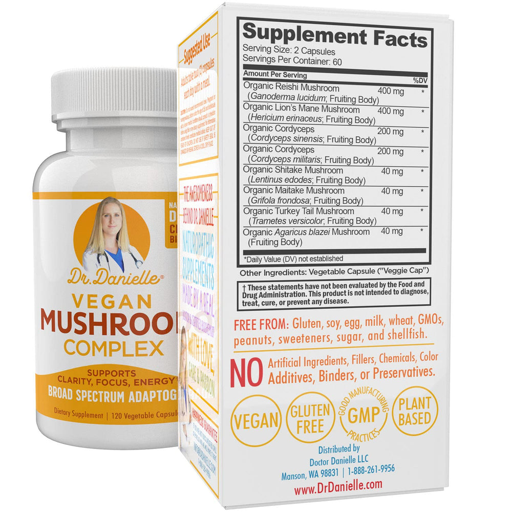 Bottle showing 120 veggie caps of Organic Mushroom Complex