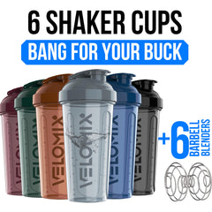 Velomix 6-pack 28oz protein shaker bottles – side view