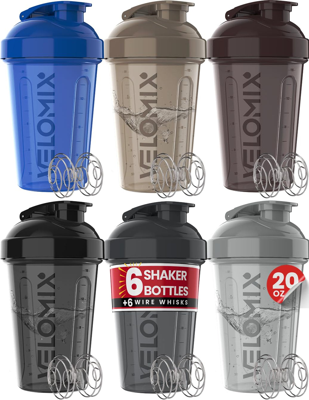 Velomix 6-pack shaker cups, 20 oz each, with wire whisk
