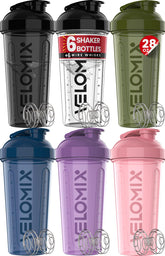 Six Velomix Core Series 28 oz protein shaker bottles in assorted colors - front view (1 of 6)
