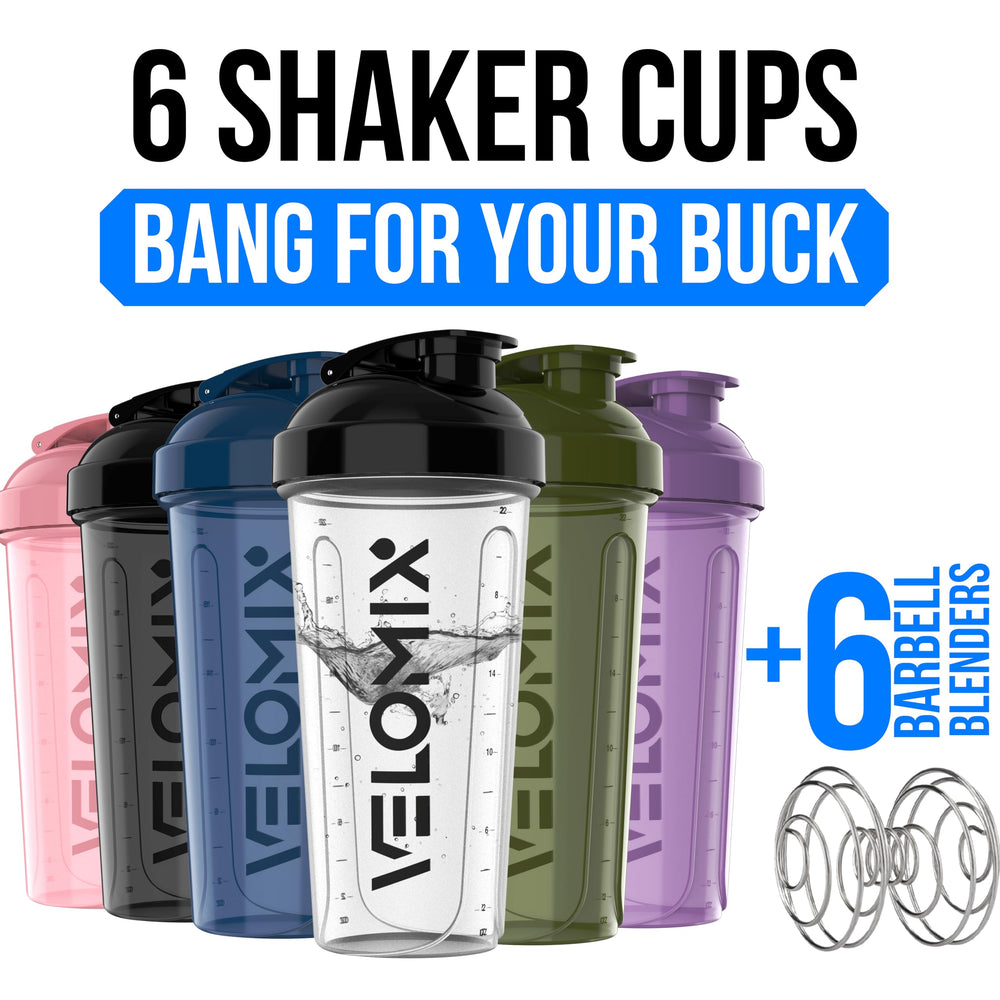 Six Velomix Core Series 28 oz protein shaker bottles in assorted colors - side view (2 of 6)