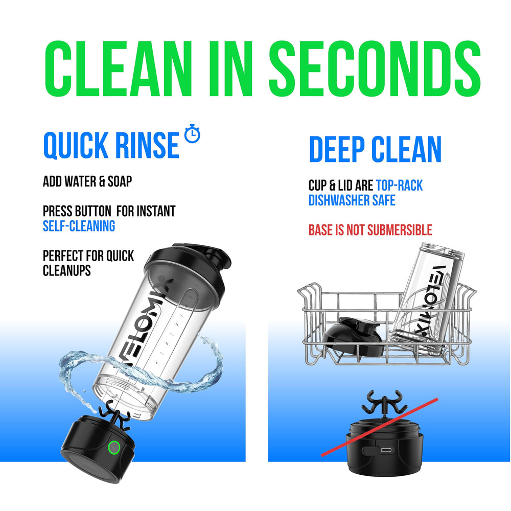 In-use VELOMIX shaker blending a protein shake