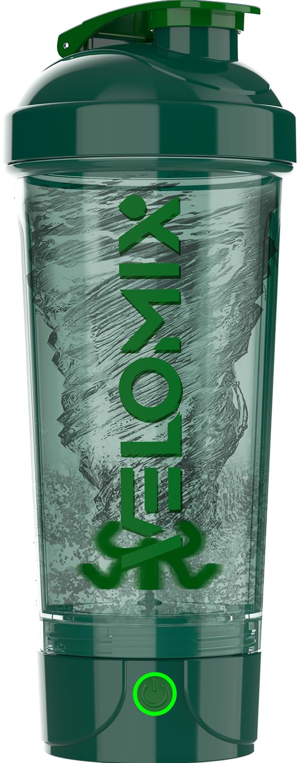 Green VELOMIX 24 oz electric protein shaker bottle with USB-C charging