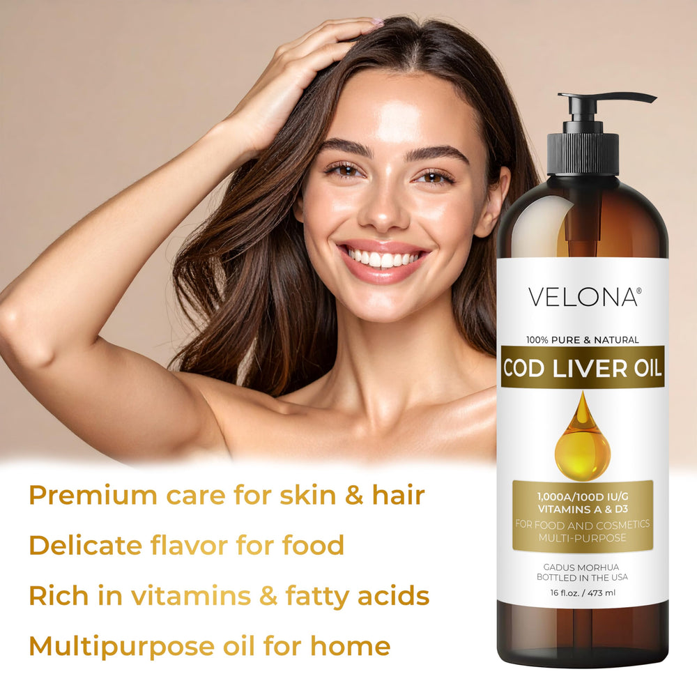 Velona Cod Liver Oil applied to hair and skin