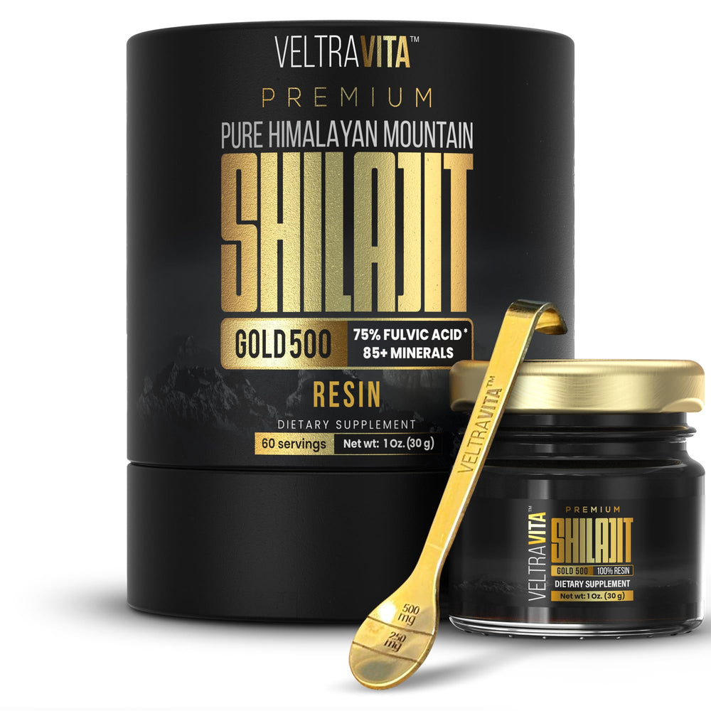VELTRAVITA Himalayan Shilajit Resin Gold 500 front view jar