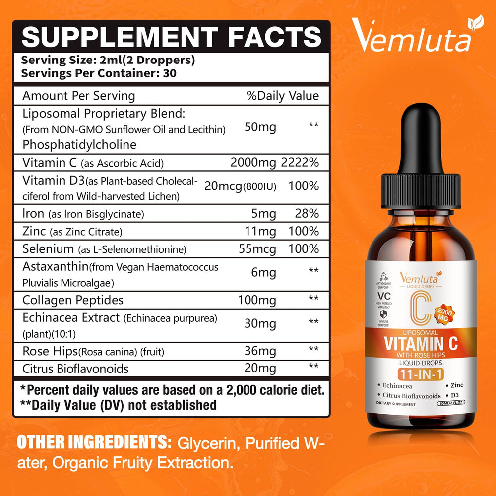 Vemluta liposomal vitamin C 2000mg bottle label close-up