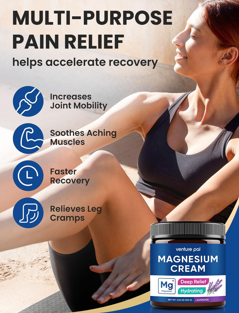 Hands applying magnesium lotion to leg for relief