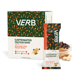 Verb Energy bar front-pack shows caffeinated vegan snack for on-the-go focus.