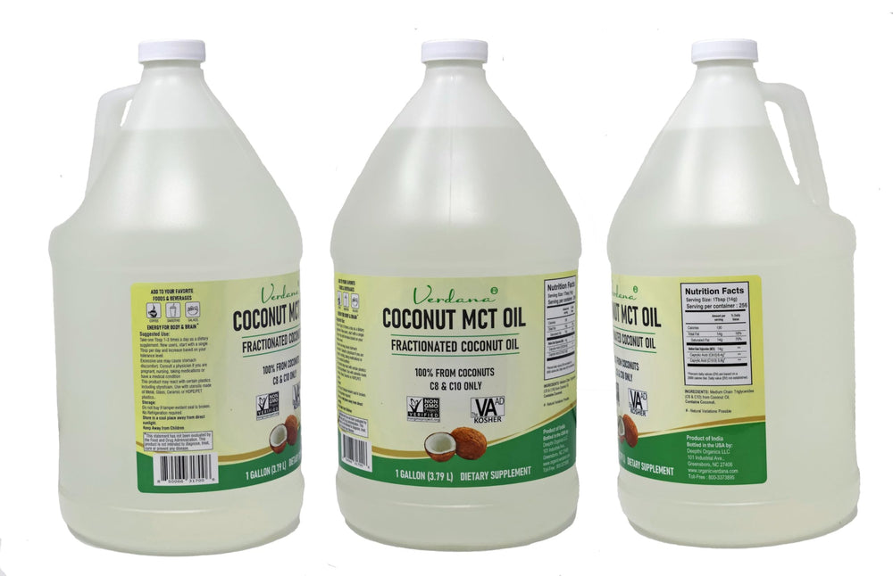 Close-up of Verdana Coconut MCT Oil 1 Gallon label