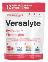 PEScience Versalyte packaging front shows a sugar-free hydration option for daily workouts.