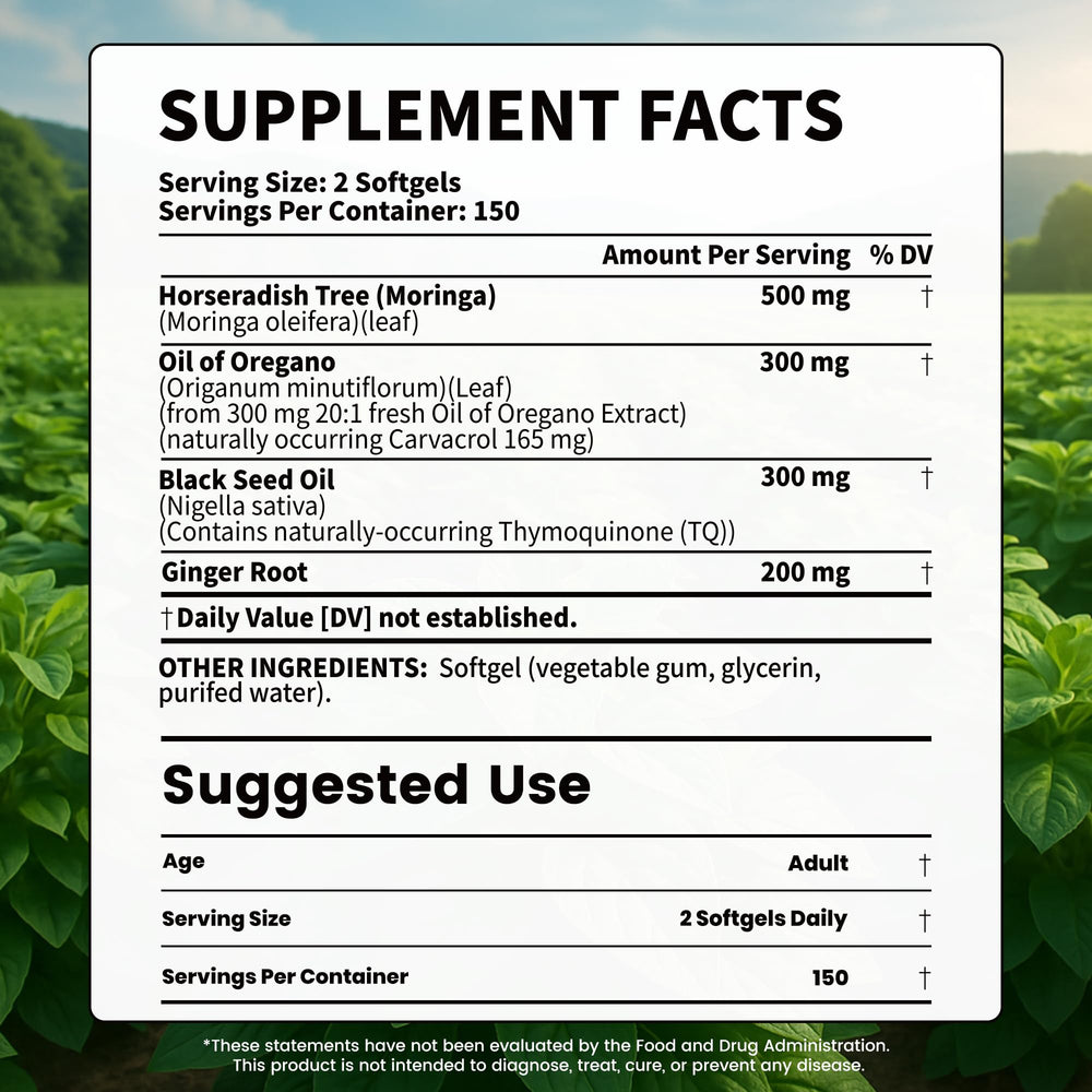 Back view of VEV oregano oil softgels bottle with label details
