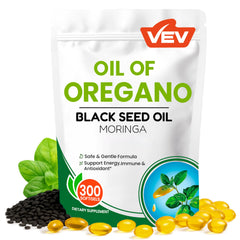 Front view of VEV 300mg Oil of Oregano with Black Seed Oil & Moringa softgels bottle