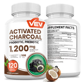 Front view of VEV Activated Charcoal + Probiotics bottle