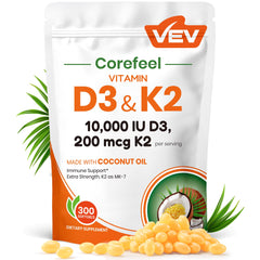 Front view of VEV Corefeel Vitamin D3 K2 10,000 IU with MK-7 bottle
