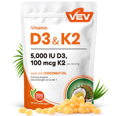VEV Corefeel Vitamin D3 K2 bottle and pouch with 300 softgels and coconut oil