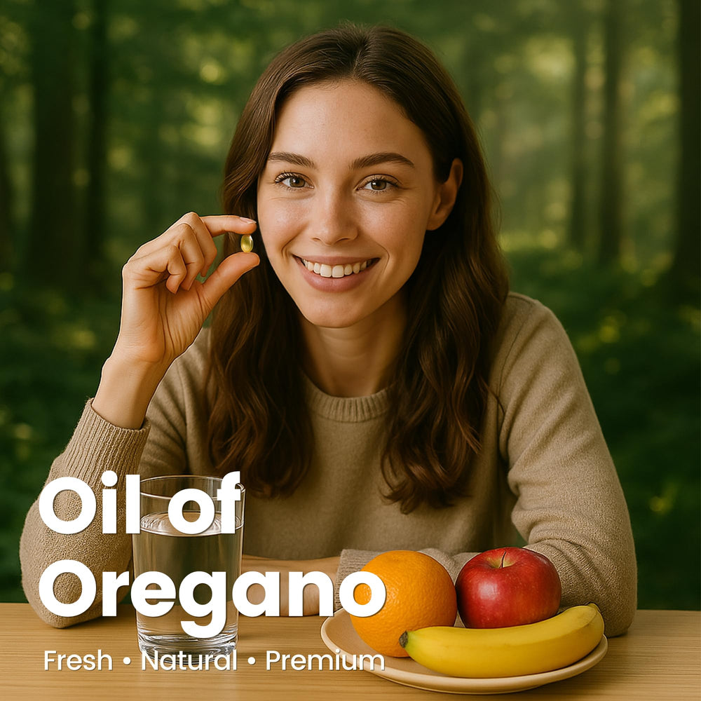 Lifestyle image showing daily use of VEV oregano oil softgels