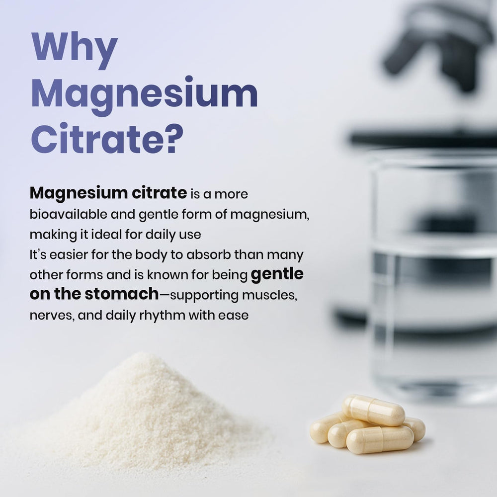 Close-up of magnesium citrate capsules inside DeepCalm bottle