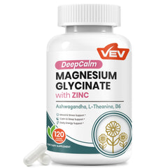 VEV DeepCalm bottle front label with magnesium glycinate and zinc