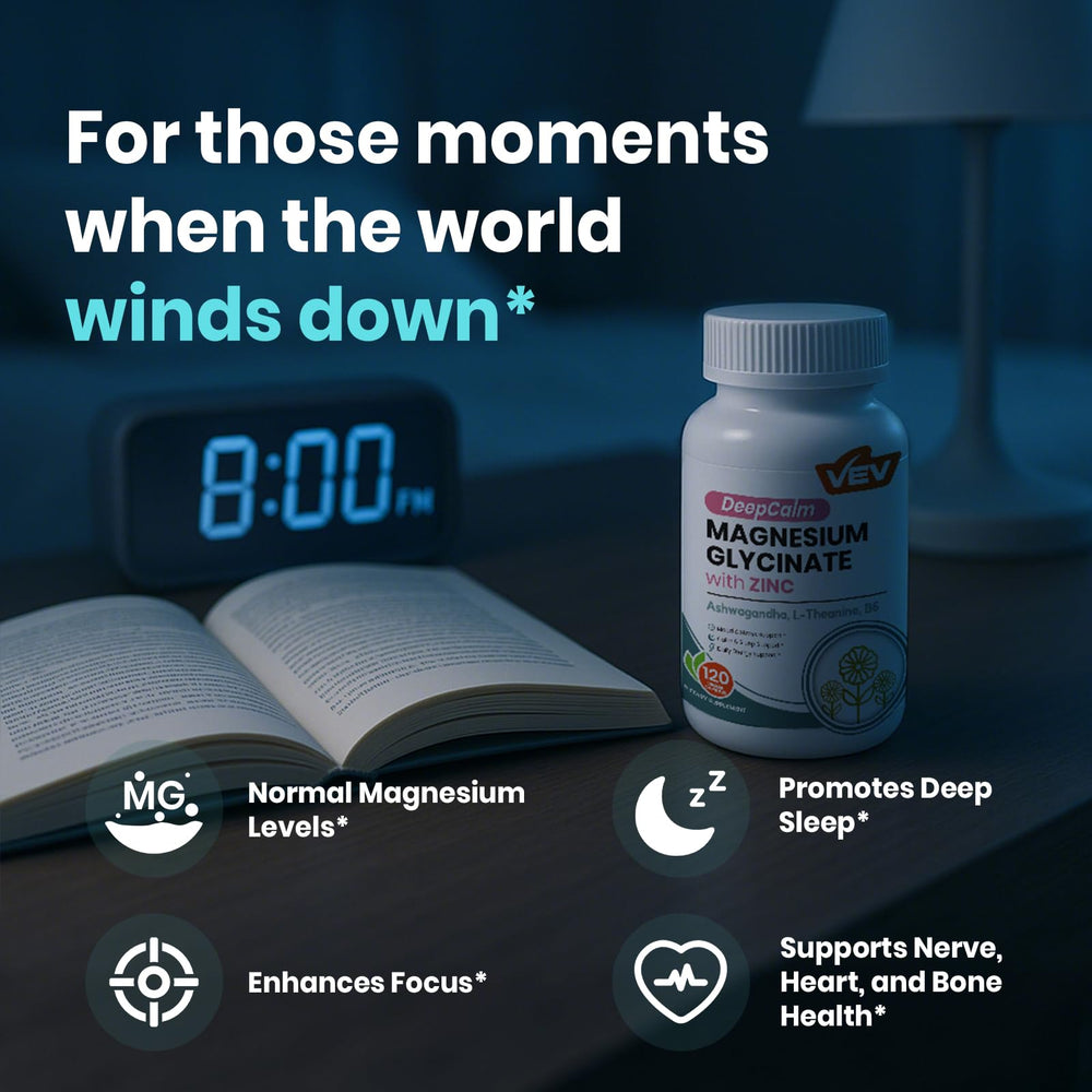 VEV DeepCalm vegan capsules on a white background