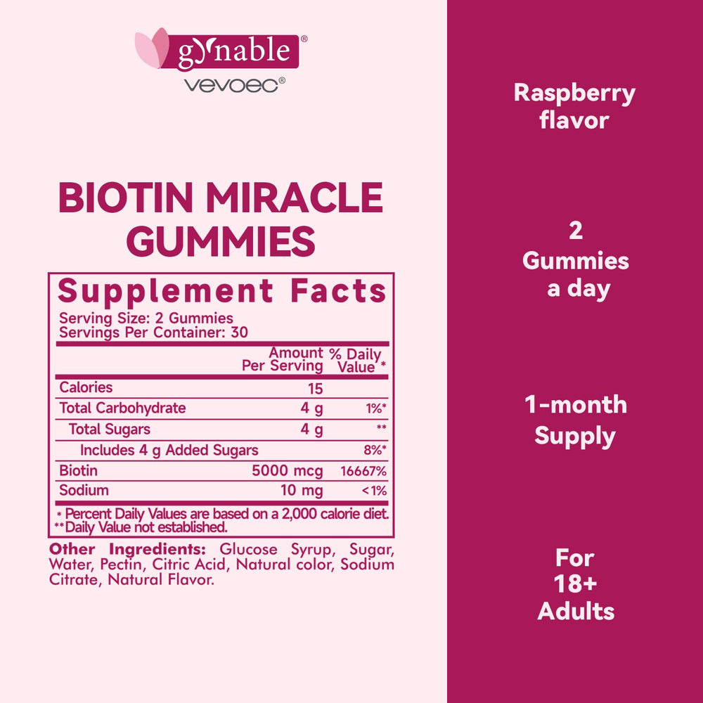 Product label showing Biotin 5000 mcg per gummy