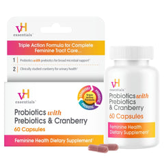 vh essentials Probiotics for Women bottle with 60 capsules supports gut balance and feminine health.