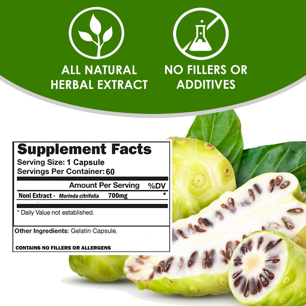 Close-up of VH Nutrition Noni Capsules 700mg bottle label