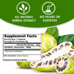 Close-up of VH Nutrition Noni Capsules 700mg bottle label