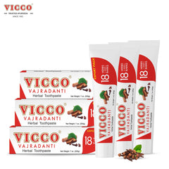Close-up of Vicco Vajradanti toothpaste showing 18 Ayurvedic herbs