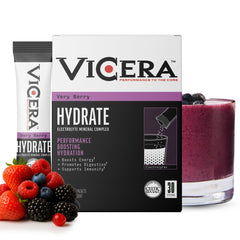 VICERA Electrolyte Powder Very Berry packet open for on-the-go hydration.