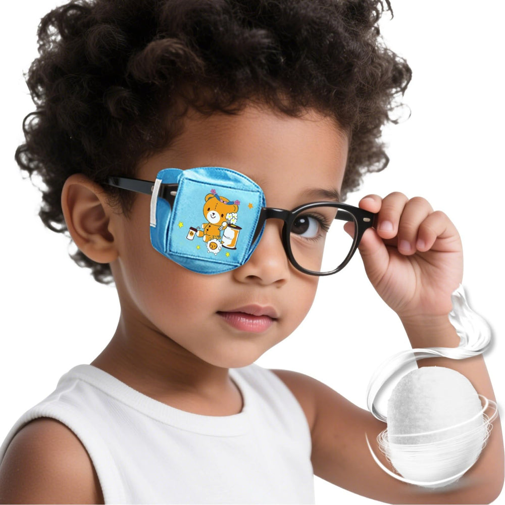 Blue Bear right-eye patch front view designed to fit child's glasses