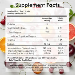 Close-up of liposomal D3/K2+ with Vitamin C bottle label