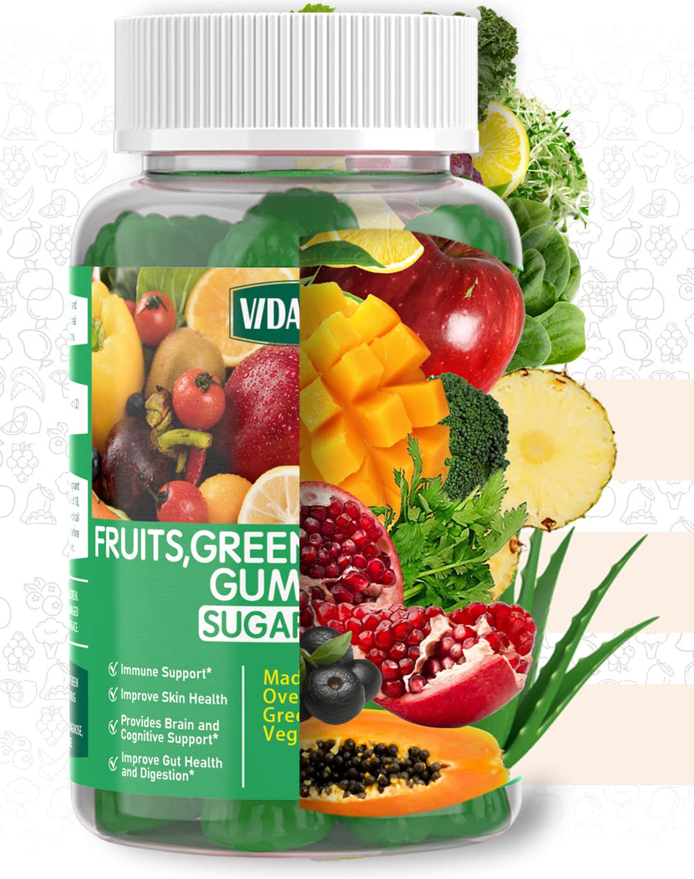 Ingredient blend visuals including blueberries, greens, spirulina