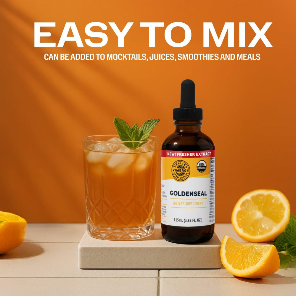 Organic certifications and quality seals on Vimergy Goldenseal bottle