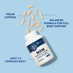 MSM capsules with silica and calcium on white background