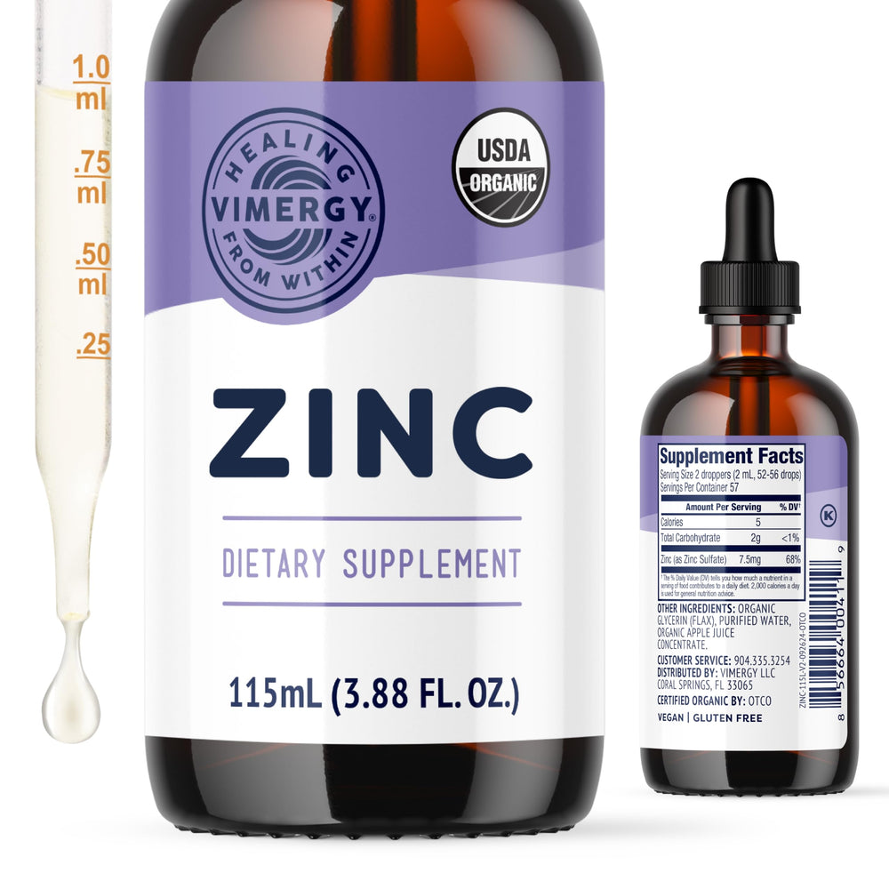 Bottle of Vimergy Organic Zinc Liquid 115 mL