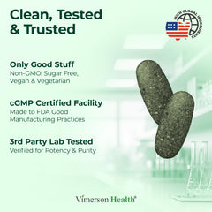 Graphic highlighting Vimerson Health ingredients like spirulina and garlic for antioxidants