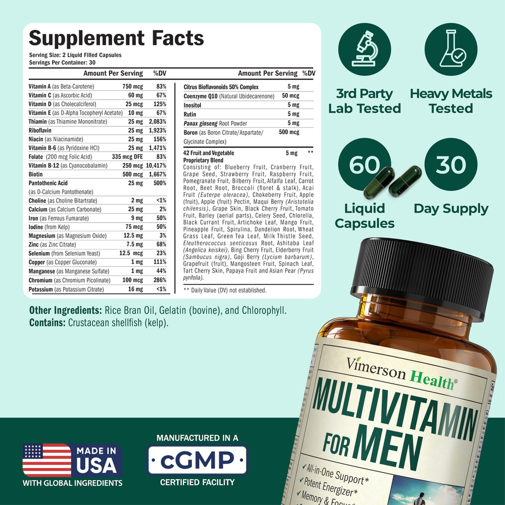 Vimerson Health Men Multivitamin liquid capsules close-up shows easy-to-swallow format