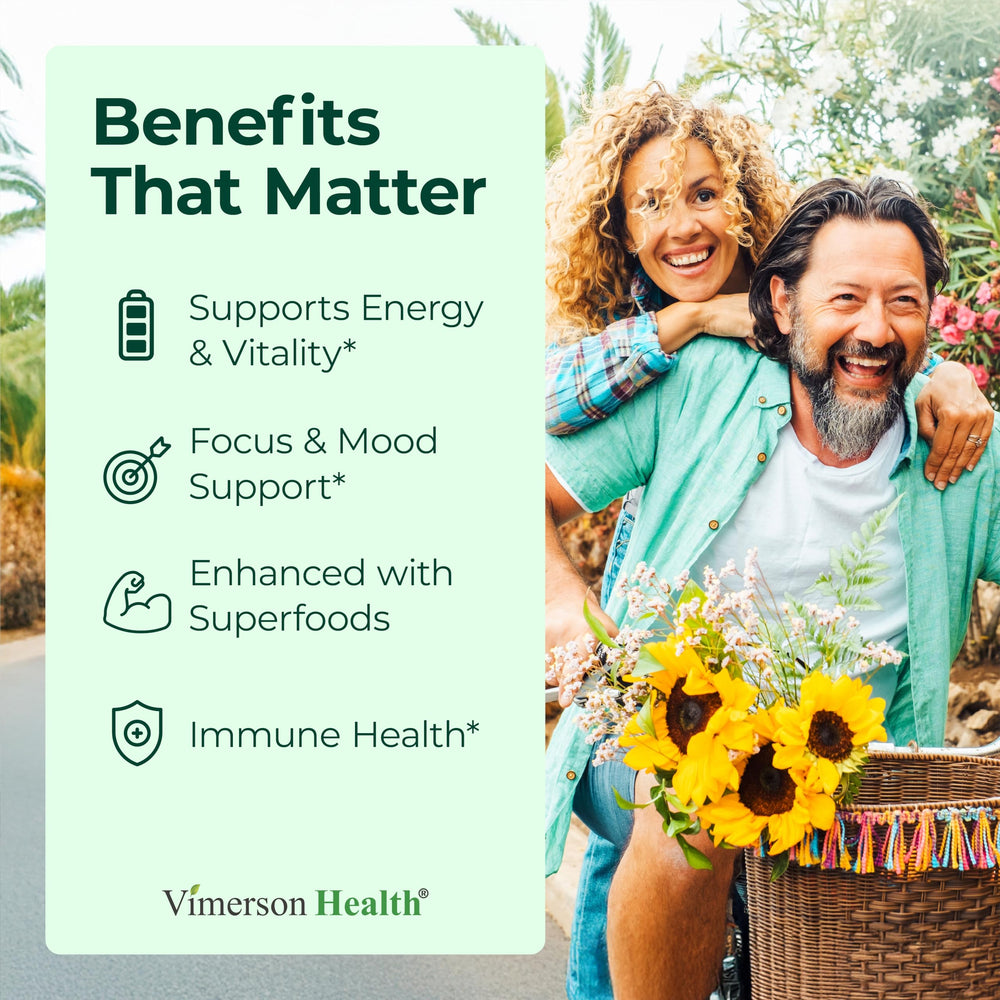Close-up of Vimerson Health vegan multivitamin label showing 23 nutrients