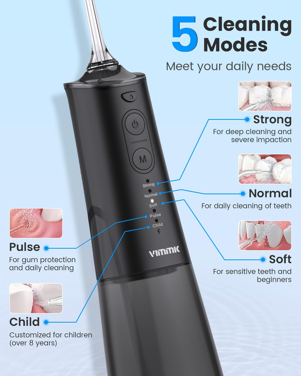 VIMMK water flosser with five cleaning modes